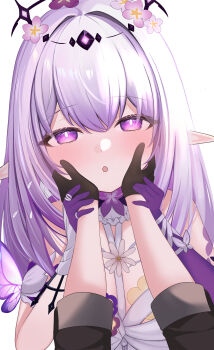 2girls :o absurdres asymmetrical_gloves bare_shoulders black_gloves blush castorice_(honkai:_star_rail) commentary_request flower gloves hair_between_eyes hand_on_another&#039;s_cheek hand_on_another&#039;s_face hand_on_another&#039;s_hand highres honkai:_star_rail honkai_(series) long_hair multiple_girls oguraponti out_of_frame pov pov_hands purple_eyes purple_flower purple_gloves purple_hair stelle_(honkai:_star_rail) trailblazer_(honkai:_star_rail) uneven_gloves very_long_hair white_background yuri
