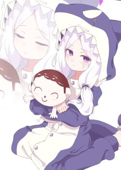 1girl absurdres animal_hood blue_archive blush breasts closed_eyes commentary_request doodle_sensei_(blue_archive) halo highres hina_(blue_archive) hood long_hair looking_at_viewer not_seven777 purple_eyes sensei_(blue_archive) shark_hood sitting small_breasts sweat white_hair