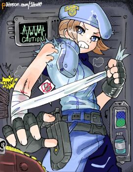 1girl 1her0 applying_bandages bandaged_arm bandages barricade belt beret black_gloves blood blue_eyes blue_hat blue_pants bottle bright_pupils brown_hair clenched_teeth commentary cowboy_shot cuts english_commentary fingerless_gloves frown gloves gun handgun hat holster indoors injury jill_valentine monitor pants police police_uniform policewoman resident_evil resident_evil_1 short_hair solo sound_effects stitches teeth torn_clothes torn_sleeves typewriter v-shaped_eyebrows weapon white_pupils