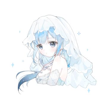 1girl :o baonu_de_zhanshen_caibutou bare_shoulders blue_eyes blue_hair blunt_bangs chinese_commentary commentary_request cropped_torso daughter_of_the_lake_(infinity_nikki) detached_sleeves dress earrings expressionless eyelashes highres infinity_nikki jewelry light_particles long_hair looking_at_viewer low-tied_long_hair low_ponytail making-of_available necklace nikki_(series) parted_lips ponytail see-through_clothes see-through_veil simple_background solo sparkle strapless strapless_dress veil very_long_hair white_background white_dress white_sleeves white_veil