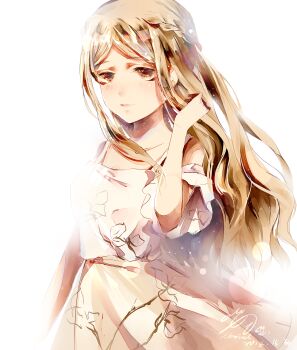 Rule 34 | 1girl, absurdres, bare shoulders, blonde hair, braid, brown eyes, chinese commentary, closed mouth, clothing cutout, collarbone, commentary request, cowboy shot, dated, expressionless, eyelashes, floral print, half up braid, hand in own hair, highres, light blush, light particles, lips, long hair, looking at viewer, miniskirt, muriel miaoke, nikki (series), pink lips, pleated skirt, print shirt, print skirt, shining nikki, shirt, short sleeves, shoulder cutout, sidelocks, signature, simple background, single braid, skirt, solo, stylist (nikki), very long hair, wavy hair, white background, white shirt, yellow skirt