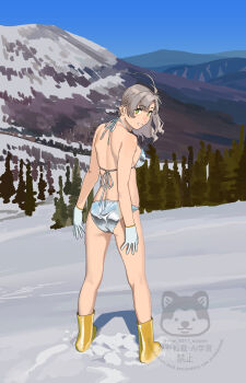 1girl absurdres alternate_costume antenna_hair ass bikini blue_sky boots breasts commentary day from_behind gloves grey_hair grin highres kantai_collection kinugasa_(kancolle) kinugasa_kai_ni_(kancolle) looking_at_viewer looking_back medium_breasts mountain ojipon outdoors rubber_boots silver_bikini sky smile snow solo standing swimsuit symbol-only_commentary tree watermark white_gloves yellow_boots