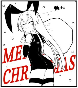 1girl closed_eyes commentary_request dress elbow_gloves gloves hair_ribbon high_contrast highres kantai_collection long_hair merry_christmas panties pantyshot ribbon sack shimakaze_(kancolle) short_dress smile solo spot_color text_background thighhighs tiemu_(man190) underwear