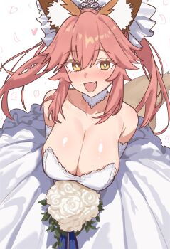 1girl :3 :d absurdres animal_ear_fluff animal_ears bad_link blush bouquet breasts bride cleavage dress ebora elbow_gloves fang fate/extra fate_(series) flower fox_ears fox_girl fox_tail gloves heart highres holding holding_bouquet large_breasts looking_at_viewer open_mouth pink_hair rose skin_fang smile solo split_ponytail strapless strapless_dress tail tamamo_(fate) tamamo_no_mae_(fate) wedding_dress white_dress white_flower white_gloves white_rose yellow_eyes