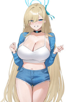1girl absurdres alternate_costume asuna_(blue_archive) black_choker blonde_hair blue_archive blue_eyes blue_halo blue_ribbon blue_shorts breasts brown_hair choker cleavage collarbone commentary hair_between_eyes halo highres large_breasts long_hair looking_at_viewer mole mole_on_breast ref_(pmxt4483) ribbon shorts smile solo standing thighs very_long_hair