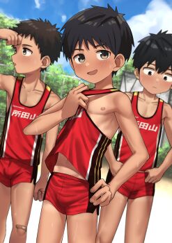 3boys absurdres armpits bandaid bandaid_on_knee bandaid_on_leg black_hair blush brown_hair bulge clothes_lift dappled_sunlight day fence grey_eyes highres kai ko_moreb komorebi_(artist) male_focus multiple_boys n.e.k.o n.e.k.o_(the_four_seasons_of_farewells) navel nipple_slip nipples open_mouth original pectoral_cleavage pectorals shirt_lift short_hair shorts shota smile smirk sportswear sunlight sweat tan tank_top tree yellow_eyes yoichi_yukimura