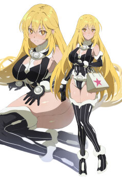 +_+ 1girl ass bag blonde_hair blush breasts bright_pupils brown_eyes cleavage_cutout clothing_cutout controller cosplay elbow_gloves full_body fur_trim gloves hair_between_eyes handbag highleg highleg_leotard highres holding holding_remote_control kagura_kurosaki large_breasts leotard light_blush long_hair looking_at_viewer mitsuari_ayu mitsuari_ayu_(cosplay) parted_lips remote_control shiny_skin shokuhou_misaki solo sparkle sparkling_eyes standing star-shaped_pupils star_(symbol) star_print symbol-shaped_pupils teeth thighhighs thighs toaru_kagaku_no_mental_out toaru_kagaku_no_railgun toaru_majutsu_no_index toaru_majutsu_no_index:_genesis_testament toaru_majutsu_no_index_gaiden:_toaru_kagaku_no_mental_out very_long_hair yellow_pupils