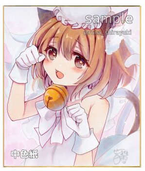1girl :d alternate_costume animal_ear_fluff animal_ears bare_arms bare_shoulders bell blush bow bowtie bright_pupils brown_eyes brown_hair cat_ears cat_tail chen commentary_request dress frills gloves hair_between_eyes hat highres jingle_bell marker_(medium) mob_cap multiple_tails nekomata open_mouth paw_pose shikishi shirayuki_runa short_hair signature smile solo tail tareme touhou traditional_media two_tails wedding_dress white_bow white_bowtie white_gloves white_hat