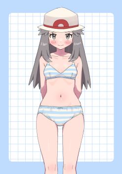 1girl absurdres arms_behind_back bra breasts commentary_request feet_out_of_frame grey_eyes grey_hair hat highres leaf_(pokemon) looking_at_viewer medium_breasts nintendo panties pokemon pumpkinpan solo straight-on striped_bra striped_clothes striped_panties underwear underwear_only white_hat