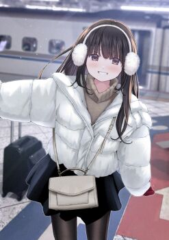1girl absurdres bag black_pantyhose black_skirt blurry blurry_background brown_eyes brown_hair brown_sweater chikuwa_(odennabe) commentary day earmuffs gloves highres jacket long_hair looking_at_viewer original outdoors pantyhose red_gloves shoulder_bag skirt smile solo sweater tile_floor tiles train turtleneck turtleneck_sweater white_jacket winter_clothes