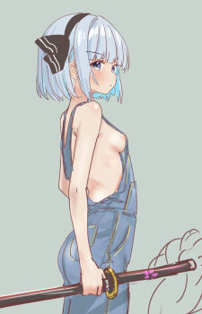 1girl bare_shoulders blue_eyes blue_hair breasts commentary denim_overalls green_background hairband highres holding holding_sword holding_weapon katana konpaku_youmu looking_at_viewer nipples overalls ribbon short_hair sideboob simple_background small_breasts soara_shimomo sword touhou weapon
