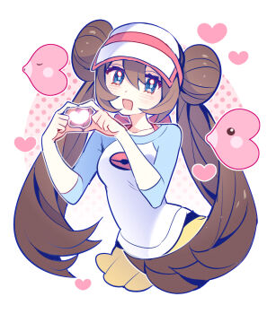 1girl absurdres black_pantyhose blue_eyes blush breasts brown_hair cropped_torso donut_hair_bun double_bun fish four-finger_heart_hands gen_3_pokemon hair_bun hat heart heart_hands highres long_hair looking_at_viewer luvdisc nintendo open_mouth pantyhose pantyhose_under_shorts poke_ball_print pokemon pokemon_(creature) pokemon_bw2 raglan_sleeves rosa_(pokemon) shirt shocho_(shaojiujiu) shorts smile twintails visor_cap yellow_shorts