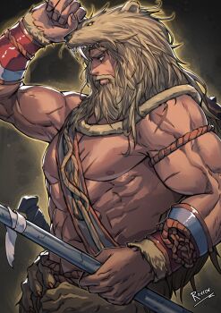 1boy abs bara beard biceps connected_beard cowboy_shot facial_hair full_beard fur_(clothing) hades_(series) hades_2 heracles_(hades) highres holding holding_weapon large_pectorals lion_hood long_beard long_hair looking_at_viewer male_focus mature_male multiple_scars muscular muscular_male mustache nipples pectorals profile rovrov scar sideways_glance simple_background solo thick_beard thick_mustache topless_male tsurime weapon