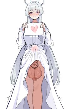 1futa absurdres bar_censor blue_archive blush breasts bulge censored closed_mouth dress erection erection_under_clothes feet_out_of_frame futanari grey_hair halo heart highres huge_penis huge_testicles large_breasts long_hair long_sleeves looking_at_viewer noa_(blue_archive) noa_(pajamas)_(blue_archive) penis penis_peek purple_eyes shujiko simple_background smile solo standing testicles very_long_hair white_background white_dress white_halo