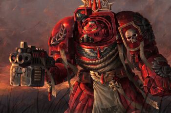1girl absurdres adeptus_astartes armor blitz_predator blood_angels commentary english_commentary full_armor gauntlets gun hammer helmet highres holding holding_gun holding_weapon pauldrons power_armor shoulder_armor solo ultramarines war_hammer warhammer_40k weapon