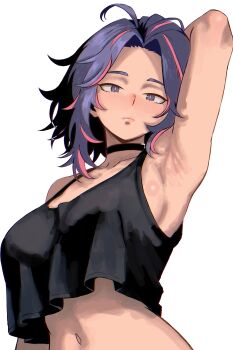 1girl absurdres armpits arms_behind_head boku_no_hero_academia breasts choker collarbone enji_masterpie highres lady_nagant large_breasts looking_at_viewer loose_clothes loose_shirt multicolored_hair navel pink_hair purple_eyes purple_hair shirt short_hair sideboob streaked_hair tank_top two-tone_hair