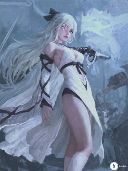 1girl absurdres armor artist_logo bare_shoulders battlefield black_bow bow breasts cape cleavage clothing_cutout commentary cowboy_shot detached_sleeves drag-on_dragoon drag-on_dragoon_3 dragon drawn_weapon dress english_commentary expressionless fantasy flower flower_over_eye from_below from_side fur_trim grey_sky hair_bow highres holding holding_sword holding_weapon impasto large_breasts lips logo long_hair mechanical_arms navel navel_cutout original outdoors painterly pelvic_curtain plate_armor prosthesis prosthetic_arm red_eyes side_cape signature single_mechanical_arm sky soldier solo surrounded sword thick_thighs thighs weapon white_cape white_dress white_hair xianggang_jizhe zero_(drag-on_dragoon)