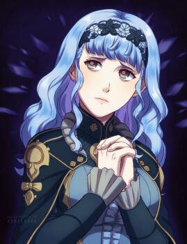 Rule 34 | 1girl, adricarra, artist name, blue capelet, blue hair, blue hairband, brown eyes, capelet, center frills, closed mouth, commentary, english commentary, fingernails, fire emblem, fire emblem: three houses, fire emblem warriors: three hopes, frills, hairband, long hair, long sleeves, marianne von edmund, nintendo, official alternate costume, official alternate hairstyle, own hands together, solo, wavy hair