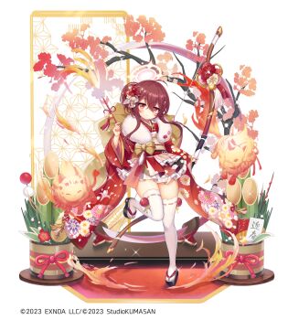 1girl ana_(twinkle_star_knights) arrow_(projectile) black_sandals branch brown_hair closed_mouth commentary_request fur_collar hair_between_eyes highres holding holding_arrow ichigo_seika japanese_clothes kadomatsu kimono knees_together_feet_apart long_hair long_sleeves looking_at_viewer obi official_art red_eyes red_kimono ribbon-trimmed_thighhighs ribbon_trim sandals sash short_kimono smile solo standing standing_on_one_leg thighhighs twinkle_star_knights very_long_hair white_background white_thighhighs wide_sleeves zouri