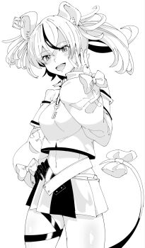 1girl animal_ears bow breasts collar commentary_request cowboy_shot detached_sleeves gloves greyscale hakos_baelz hand_on_own_hip highres hololive hololive_english key large_breasts miniskirt monochrome mouse_ears mouse_girl mouse_tail mousetrap multicolored_hair pleated_skirt single_glove skirt sleeves_past_wrists solo spiked_collar spikes strapless streaked_hair tail tail_bow tail_ornament thigh_strap tube_top twintails two-tone_hair virtual_youtuber zonberu_tsukiji