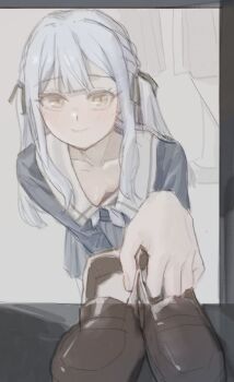 Rule 34 | 1girl, bang dream!, bang dream! it's mygo!!!!!, black ribbon, blue hair, blue shirt, breasts, chinese commentary, closed mouth, commentary request, downblouse, hair ribbon, highres, long hair, looking at viewer, medium breasts, ribbon, school uniform, shirt, sidelocks, togawa sakiko, tsukinomori school uniform, yellow eyes, yukikuma (yukikuma 018)