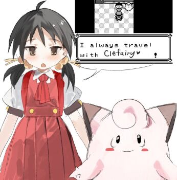 Rule 34 | 1girl, ascot, backpack, bag, black hair, character request, clefairy, commentary, commeowdore, dress, english commentary, english text, gen 1 pokemon, hair bobbles, hair ornament, highres, kaai yuki, long hair, looking at viewer, low twintails, nintendo, open mouth, pinafore dress, pokemon, pokemon (creature), screenshot inset, short sleeves, sleeveless, sleeveless dress, speech bubble, twintails, vocaloid, yellow eyes