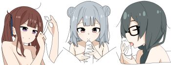 3boys 3girls absurdres black_hair blank_censor blue_ribbon blush braid brown_hair censored center-flap_bangs cevio closed_eyes collarbone commentary_request condom condom_on_penis double-parted_bangs double_bun fellatio flat_chest glasses grey_hair hair_bun hair_over_shoulder hair_ribbon hanakuma_chifuyu handjob highres holding holding_condom koharu_rikka licking licking_penis long_hair looking_at_penis low_twin_braids medium_hair multiple_boys multiple_girls natsuki_karin oral penis pink_eyes pout purple_eyes ribbon sidelocks simple_background smile sweat tongue tongue_out tuitou twin_braids twintails white_background