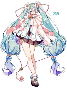 1girl 2021 aqua_eyes aqua_hair aqua_nails blush closed_mouth commentary_request detached_sleeves dress flower full_body gradient_hair grass hair_between_eyes hair_flower hair_ornament hatsune_miku highres long_hair long_sleeves looking_at_viewer low-tied_long_hair magical_mirai_(vocaloid) magical_mirai_miku magical_mirai_miku_(2021) medallion moyu3939 multicolored_hair official_alternate_costume official_alternate_hairstyle pink_hair purple_hair simple_background sleeveless sleeveless_dress sleeves_past_fingers sleeves_past_wrists solo twintails very_long_hair vocaloid white_background white_dress