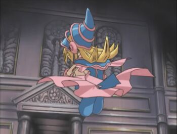 anime_screenshot arm_warmers arms_around_knees blonde_hair curled_up dark_magician_girl floating hat highres non-web_source sleeveless witch_hat yu-gi-oh!