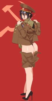 Rule 34 | 1girl, ass, brown jacket, commentary, full body, hammer and sickle, jacket, korean people's army, looking at viewer, looking back, military dress uniform, military uniform, north korea, open clothes, open jacket, original, red background, short hair, simple background, smile, solo, symbol-only commentary, undressing, wani (perfect han)
