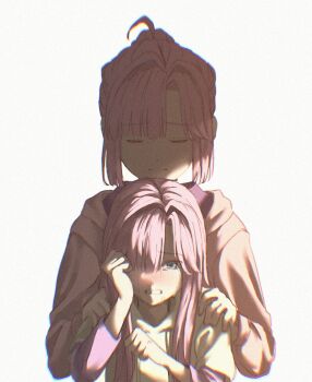 2girls ahoge anyoji_hime blush check_commentary closed_eyes closed_mouth commentary_request crying crying_with_eyes_open hair_intakes highres hood hooded_jacket hoodie jacket layered_sleeves link!_like!_love_live! long_hair long_sleeves love_live! multi-tied_hair multiple_girls nose_blush pink_jacket ponytail porari sad sad_smile short_over_long_sleeves short_sleeves sidelocks simple_background tears time_paradox virtual_youtuber white_background white_hoodie