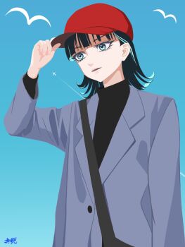 1girl ado_(utaite) baseball_cap black_shirt blue_background blue_streaks commentary_request contrail grey_eyes grey_jacket hat highres jacket kaze_to_watashi_no_monogatari medium_hair open_mouth red_hat shirt solo tomoyaku