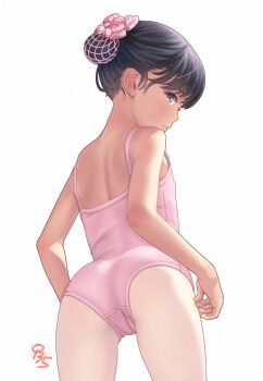 1girl aoi_kumiko ass ballerina black_hair blush breasts cameltoe female_focus flat_chest grey_eyes highres leotard loli looking_at_viewer pantyhose pink_leotard simple_background small_breasts solo tagme upper_body white_background white_pantyhose