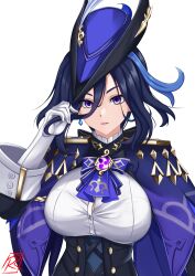 Rule 34 | 1girl, absurdres, ascot, black hair, blue ascot, blue hair, breasts, cape, cleavage, clorinde (genshin impact), corset, earrings, genshin impact, gloves, hand up, hat, highres, jewelry, large breasts, long hair, looking at viewer, parted lips, purple cape, purple eyes, rizcky ryu, shirt, simple background, solo, tricorne, upper body, white background, white gloves, white shirt