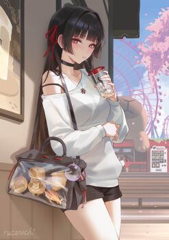 1girl bag black_choker black_hair black_shorts bra_visible_through_clothes breasts bright_pupils bubble_tea cherry_tree chisa_(wuthering_waves) choker commentary cup disposable_cup drinking drinking_straw english_commentary ferris_wheel hair_ribbon handbag highres holding holding_cup jewelry large_breasts long_hair long_sleeves looking_at_viewer mole mole_under_eye namipon_(wuthering_waves) necklace outdoors red_eyes red_ribbon ribbon rucarachi short_shorts shorts single_off_shoulder solo_focus strap_slip stuffed_capybara sweater vending_machine white_pupils white_sweater wuthering_waves