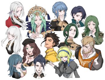 4boys 6+girls absurdres beard black_hair black_hat blonde_hair blue_hair blush braid brown_eyes brown_hair claude_von_riegan closed_mouth commentary_request constance_von_nuvelle crown_braid dark-skinned_male dark_skin dorothea_arnault edelgard_von_hresvelg facial_hair father_and_daughter felix_hugo_fraldarius female_byleth_(fire_emblem) fire_emblem fire_emblem:_three_houses garreg_mach_monastery_uniform green_eyes green_hair hairband hat highres husband_and_wife jeralt_reus_eisner linhardt_von_hevring long_hair long_sleeves lysithea_von_ordelia marianne_von_edmund mother_and_daughter multiple_boys multiple_girls newsboy_cap nintendo open_mouth own_hands_together pink_eyes purple_eyes purple_hairband rhea_(fire_emblem) scar scar_on_face shamir_nevrand short_hair sidelocks simple_background sitri_(fire_emblem) smile toho10min white_background white_hair