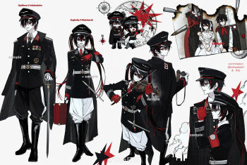 1boy 1girl absurdres armband artist_name back-to-back badge bags_under_eyes belt belt_around_waist belt_buckle wallet_chain binoculars black_coat black_footwear black_hair black_hat black_jacket black_necktie black_pants black_shorts black_vest blazer blush boots bow bow_(music) bowtie breasts buckle bullet burnt buttons chain character_name chenpeipeii chibi child closed_mouth coat coat_on_shoulders collared_shirt colored_skin commentary commission compass cross dress earth_(planet) empty_eyes expressionless factory from_side full_body gloves hair_between_eyes hair_ribbon hand_grab hand_on_another&#039;s_shoulder hand_on_hand hand_on_own_chest hand_on_own_knee hands_on_lap hat highres holding holding_binoculars holding_bow_(music) holding_instrument holding_suitcase holding_sword holding_violin holding_weapon insignia instrument iron_cross jacket knee_boots lapels leather leather_boots long_bangs long_coat long_sleeves looking_ahead looking_at_viewer medal military_hat military_jacket military_uniform multicolored_hair multiple_views neckerchief necktie notched_lapels open_mouth original overcoat pants peaked_cap photo_(object) planet puffy_pants puffy_short_sleeves puffy_sleeves red_armband red_eyes red_gloves red_neckerchief red_necktie red_streaks reference_sheet ribbon saber_(weapon) sam_browne_belt sample_watermark scabbard shaded_face sheath shirt short_sleeves short_sword shorts shoulder_belt shoulder_boards side-by-side sidelocks silhouette sitting small_breasts smile smoke smoke_trail standing star_(symbol) straight_hair streaked_hair striped_clothes suitcase sword symbol-only_commentary tailcoat torn_photo trench_coat twintails vertical-striped_clothes vest violin walking watermark weapon weibo_watermark white_background white_belt white_bow white_bowtie white_dress white_gloves white_pants white_ribbon white_shirt white_skin wing_collar