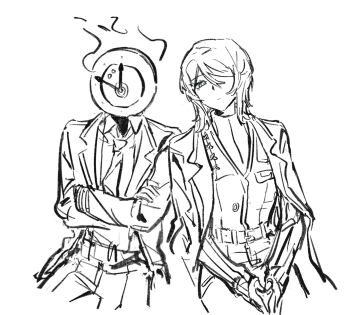 1girl 1other belt blue_eyes clock closed_mouth coat collared_shirt commentary_request crossed_arms dante_(limbus_company) faust_(project_moon) flaming_head greyscale highres ivy_(675671) lapels limbus_company looking_at_viewer monochrome notched_lapels object_head pants project_moon ribbed_sweater shirt short_hair spot_color sweater turtleneck turtleneck_sweater vest