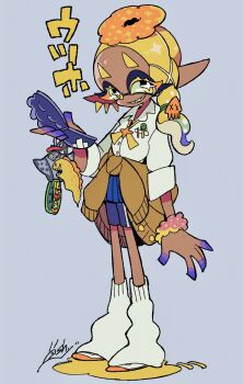 1girl animal_charm big_man_(splatoon) blonde_hair blue_background blue_hair blue_shorts blue_skirt braid bright_pupils cellphone cephalopod_eyes character_name charm_(object) clothes_around_waist collared_shirt colored_eyelashes colored_tips commentary_request crossed_bandaids dark-skinned_female dark_skin ear_piercing eel fashion flip_phone food-themed_hair_ornament frye_(splatoon) full_body grin hair_ornament hair_over_shoulder highres holding holding_phone jacket jacket_around_waist kanekoshake lapels leg_warmers long_hair long_sleeves looking_at_viewer manta_ray microskirt multicolored_hair nintendo notched_lapels phone piercing pink_scrunchie pleated_skirt pointy_ears polka_dot polka_dot_scrunchie scrunchie sharp_teeth shirt shoes shorts shorts_under_skirt signature simple_background single_braid skirt smile sneakers solo spike_piercing splatoon_(series) splatoon_3 squid squid_hair_ornament sweater_jacket teeth tentacle_hair white_leg_warmers white_pupils white_shirt white_shoes wrist_scrunchie yellow_eyes yellow_jacket