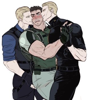 3boys absurdres albert_wesker bara beard_stubble black_gloves black_hair black_pants black_shirt blonde_hair blue_shirt blush chamma_yohani chris_redfield dual_persona facial_hair fingerless_gloves gloves grabbing_another&#039;s_ass green_pants green_shirt groping highres large_pectorals male_focus multiple_boys muscular muscular_male mustache_stubble one_eye_closed open_mouth pants pectorals resident_evil resident_evil_1 resident_evil_5 shirt short_hair simple_background stubble viewtiful_joe white_background yaoi