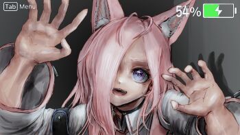 1girl :3 ahoge animal_ear_fluff animal_ears blue_eyes claw_pose fang hakui_koyori hakui_koyori_(1st_costume) highres hololive horror_(theme) lab_coat long_sleeves looking_at_viewer nymph_rhythm one_eye_covered open_mouth pink_hair puffy_sleeves shadow simple_background virtual_youtuber wolf_ears wolf_girl