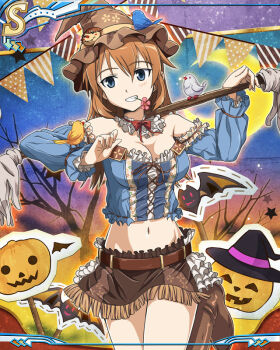 1girl artist_request bat_(animal) bird blue_eyes breasts charlotte_e._yeager feet_out_of_frame halloween halloween_costume hat jack-o&#039;-lantern large_breasts long_hair looking_to_the_side navel night official_art orange_hair outdoors pumpkin skirt sky smile solo standing star_(sky) starry_sky stomach strike_witches tree world_witches_series