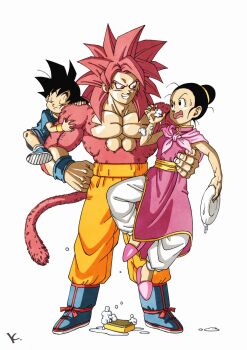 1girl 2boys baggy_pants black_hair blue_boots boots character_request chi-chi_(dragon_ball) china_dress chinese_clothes closed_eyes dragon_ball dragon_ball_daima dress grin highres holding holding_plate kakeru_(dbskakeru) multiple_boys open_mouth orange_pants pants pink_eyes pink_hair pink_tail plate simple_background smile son_goku super_saiyan super_saiyan_4 toriyama_akira_(style) white_background white_pants