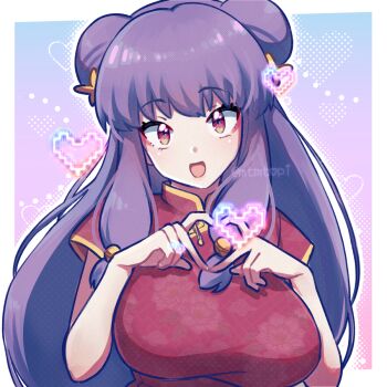 Rule 34 | artist name, blush, border, breasts, china dress, chinese clothes, double bun, dress, hair bun, heart, heart background, heart hands, heart in eye, large breasts, long hair, looking at viewer, nyorori (tatsutaage), outside border, purple background, purple eyes, purple hair, ranma 1/2, red dress, shampoo (ranma 1/2), short sleeves, symbol in eye, twitter username, upper body, white border