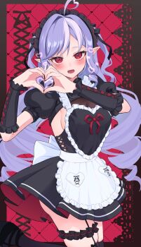 1girl ahoge alternate_costume apron black_dress black_hairband black_thighhighs blush breasts commentary_request dress enmaided frilled_apron frilled_hairband frilled_thigh_strap frills hairband hands_up heart heart_ahoge heart_hands highres long_hair looking_at_viewer maid maid_headdress open_mouth pointy_ears puffy_short_sleeves puffy_sleeves purple_hair red_eyes ruaruayana short_sleeves sideboob solo thigh_strap thighhighs very_long_hair vivian_banshee waist_apron white_apron zenless_zone_zero