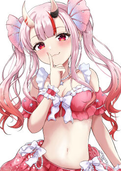 1girl absurdres bikini breasts commentary_request detached_sleeves finger_to_mouth frilled_bikini frilled_wrist_cuffs frills gradient_hair grey_hair highres hololive horns jewelry long_hair looking_at_viewer medium_breasts multicolored_hair nakiri_ayame nakiri_ayame_(holonatsu_paradise) navel necklace official_alternate_costume oni pearl_necklace puffy_detached_sleeves puffy_sleeves red_bikini red_hair red_skirt red_streaks rinkaa_(lovelive765pro2) shushing simple_background skirt streaked_hair swimsuit twintails virtual_youtuber white_background wrist_cuffs