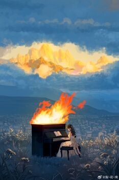 1girl black_hair book building burning chinese_commentary cityscape cloud cloudy_sky commentary dress fire flower gloves grass highres instrument lihuawan long_dress long_hair mountain music open_book original piano piano_bench playing_instrument scenery sitting sky solo strapless strapless_dress upright_piano white_dress white_gloves