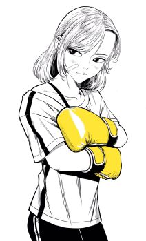 1girl asymmetrical_bangs bandaid bandaid_on_cheek bandaid_on_face boxing_gloves commentary_request gloves greyscale hatching_(texture) highres lee_(dragon_garou) medium_hair monochrome original shirt sideways_glance smile solo spot_color t-shirt upper_body yellow_gloves