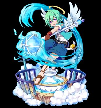 1boy :o angel angel_wings aqua_hair aqua_jacket belt black_background black_belt blue_fire blue_shorts bob_cut brown_sandals cloud feathered_wings fence fire flaming_weapon fountain full_body halo highres holding holding_staff jacket merc_storia merc_storia_art_team official_art purple_eyes sandals shirt short_sleeves shorts shutlem_(merc_storia) simple_background solo staff standing tachi-e water weapon white_shirt white_wings wings