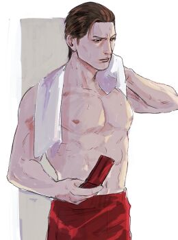 Rule 34 | 1boy, abs, ahoge, blush, brown hair, cellphone, commentary request, flip phone, hair slicked back, highres, holding, holding phone, holding towel, male focus, mine yoshitaka, muscular, muscular male, nipples, nude, official alternate costume, pants, phone, profile, red pants, ryuu ga gotoku (series), ryuu ga gotoku 3, solo, sweat, topless male, towel, towel around neck, track pants, tyag53, upper body, wet
